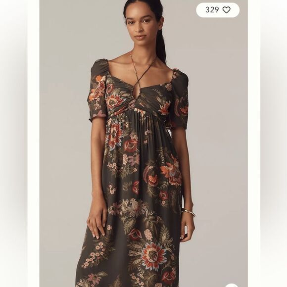 NWT Farm Rio x Anthropologie Long-Sleeve Halter Midi Dress - Picture 2 of 6